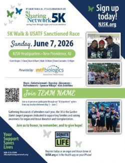 Promotional poster for the 5K Walk & USATF Sanctioned Race on Sunday, June 7, 2016 at NJSN Headquarters, New Providence, NJ, with event times, signup URL (NJ5K.org), sponsor logos, a 'Join TEAM NAME' invitation, donation info, and three photos of participants on the right.